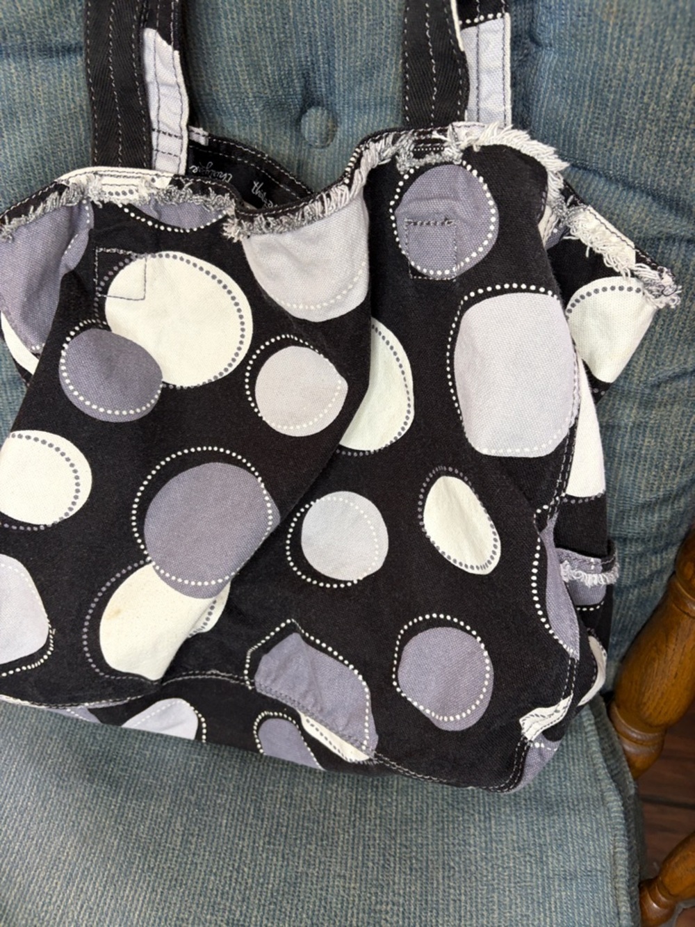 thirty-one Black Tote with Gray and White Polka Dots